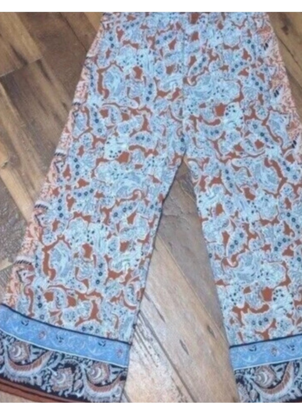 Paisley Wide-Leg Pants in Light Blue and Brown